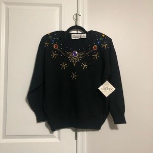 NWT Eva Cervantes Black Vintage Retro Rhinestone Embroidered Sweater Size Large